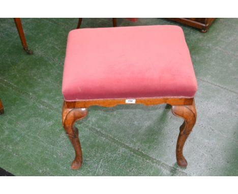 A George I style walnut rectangular stool, stuffed over seat, cabriole legs, pad feet, 50cm high, 55cm wide, c.1900