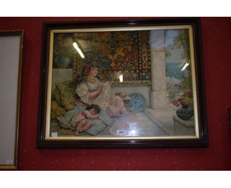 Pears - a coloured Pears print, Mother embroidering and child sleeping in a Mediterranean veranda, 40cm x 57cm