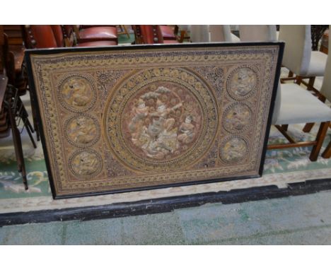 A large Siamese embroidered panel, depicting traditional dancers and archers, embellished with sequins, stones, etc. 95cm x 1