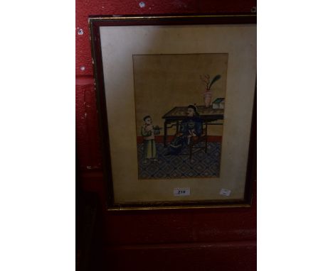 Chinese School (19th century)Seated Official and His Young Attendant, the background with a table of precious objectswatercol