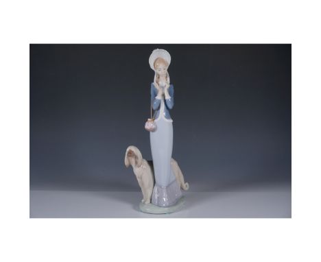 This refined Lladro glazed porcelain figurine, titled Stepping Out (01001537), features an elegant woman dressed in a long, f