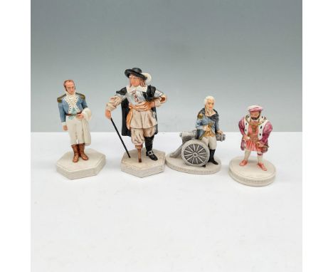 A set of four Sebastian Miniatures figurines depicting historical figures, each standing on a labeled base, range in size fro