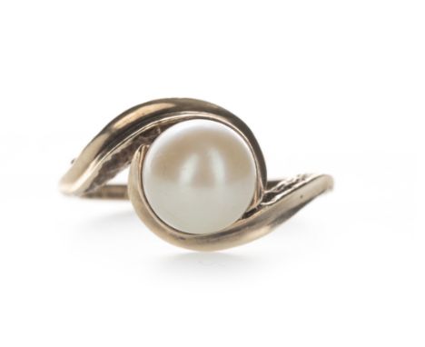 PEARL RING, set with spherical pearl 7mm in diameter, upon a textured mount, in nine carat gold, size K, 3.5g