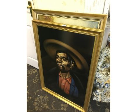 A framed furnishing print: South American gent in wide brimmed hat together with another framed furnishing print.