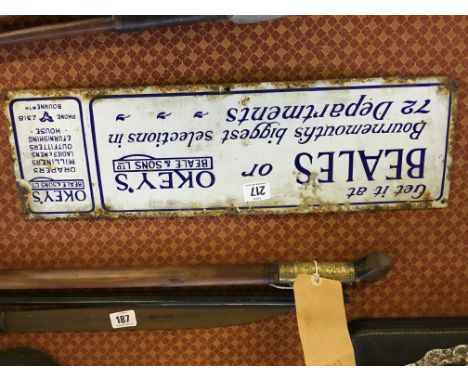 An early 20th century small enamel advertising sign (local interest): Get it at Beales or Okey's, Bournemouth's biggest selec