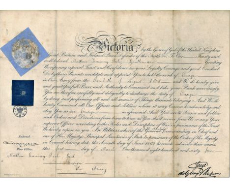 George Duke of Cambridge document from around 1865 concerning appointing the rank of Ensign in the Army. Good Condition. All 