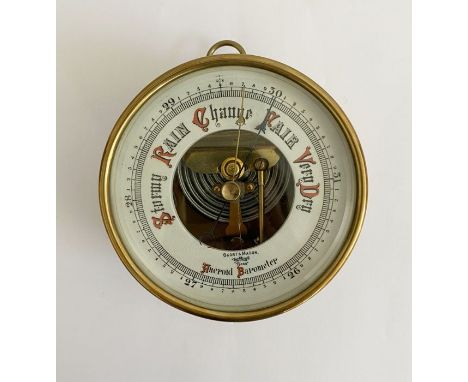 Early 20th century brass cased Short & Mason (London) skeleton aneroid barometer, with white glazed ceramic dial inscribed Ty