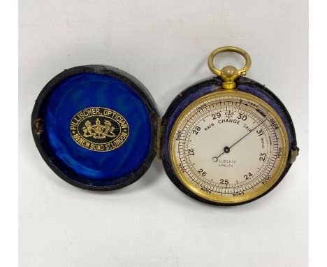Late 19th/early 20th century brass cased pocket barometer produced by Pillischer (London), with silvered dial and black hand,