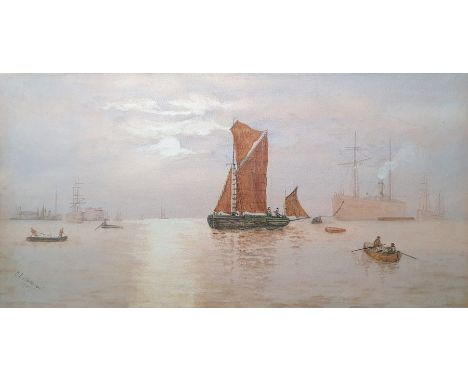 G L Wadsworth(?)WatercolourMaritime scene with red masted sailing boat and rowing boats, harbour in the far background, signe