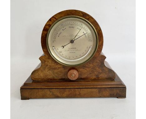 Burr walnut cased mantel aneroid barometer&nbsp;by H Hughes, late 19th/early 20th century, the silvered dial with maker's mar