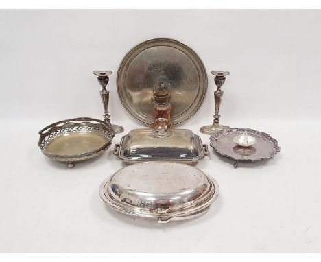 Quantity of EPNS table flatware, various patterns, plated entree dish, card tray, candlesticks, etc (3 boxes)