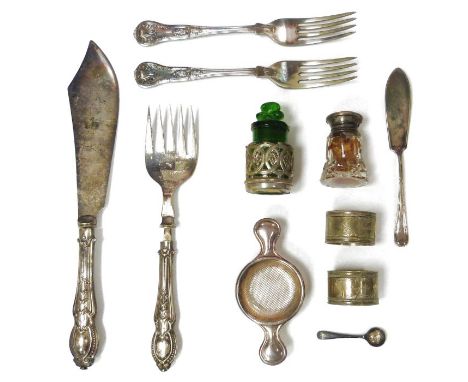 Collection of assorted silver-plated flatware, including a pair of fish servers, a pair of named and engraved napkin rings, a