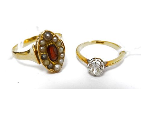 18ct gold and solitaire diamond ring, the stone approx. 0.4ct and a probably 18ct gold, garnet and seedpearl marquise ring, c