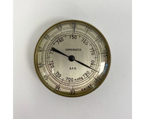 Early 20th century brass cased pocket barometer produced by GPO, with silvered dial, 7cm diam. 