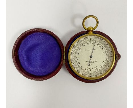 20th Century Negretti & Zambra brass cased compensated pocket barometer, the silvered dial numbered 531, in leather case, 5cm