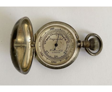 Victorian silver cased pocket compensated barometer by W Thornhill (London), with silvered dial and silver cover, 2.5cm diam.
