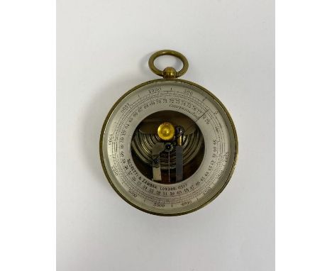 Victorian brass cased Negretti & Zambra compensated pocket open-faced barometer, the silvered dial numbered 13577 with skelet