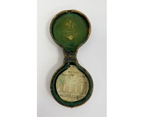 Late 19th century brass cased pocket barometer by Callaghan & Co (London), with silvered dial, the leather case inserted with