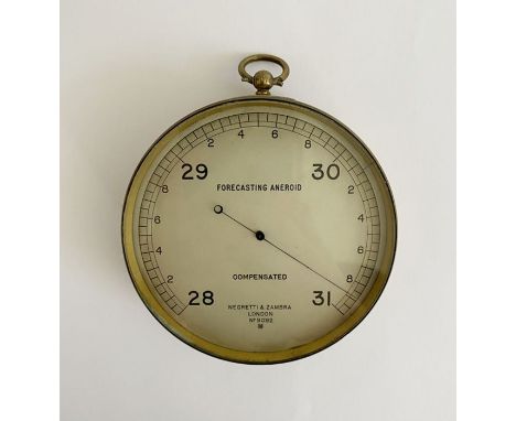 Edwardian brass cased aneroid barometer by Negretti & Zambra, the silvered dial numbered 9092, with black forecasting dial, w