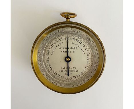 Late 19th/early 20th century French gilt-metal cased pocket barometer produced by Naudet & Cie, the silvered dial with Naudet