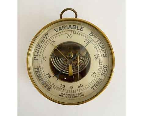 French brass cased French skeleton barometer, early 20th century, the case stamped PHNB for Naudet, to reverse, with loop for