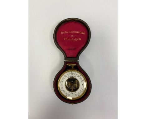 Brass-cased open-faced German skeleton pocket barometer,&nbsp;&nbsp;the white dial named V.REG VERAND BETG, the centre with a