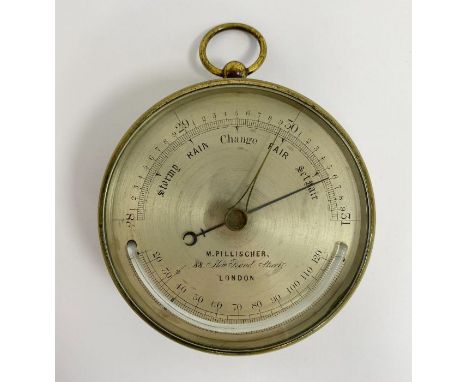 Late 19th century brass-cased barometer by M Pillischer, with thermometer, the silvered dial marked with M Pillischer/88 New 