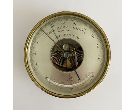 Late 19th/early 20th century brass cased Lufft (Germany) skeleton barometer, with silvered dial, marked Prazisions-Holosterik