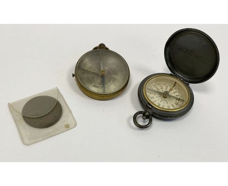 Small brass compass, a silver-plated pocket compass&nbsp;and a Victorian penny