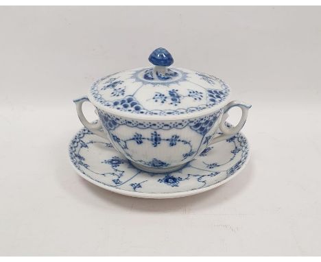 Royal Copenhagen two-handled soup cup, cover and stand painted in blue with the immortal pattern, printed green and blue mark