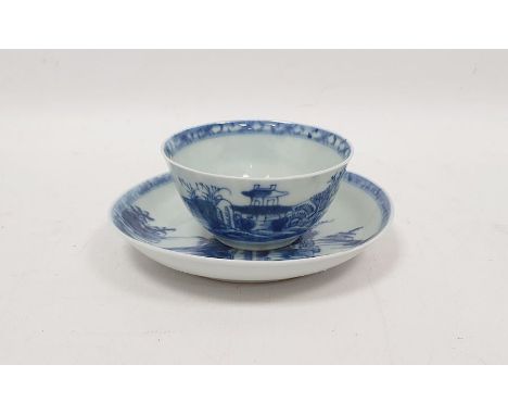 Chinese tea bowl and saucer from the Kangxi cargo painted with huts on islands in blue, Christie's label 'Nanking Cargo Lot 5