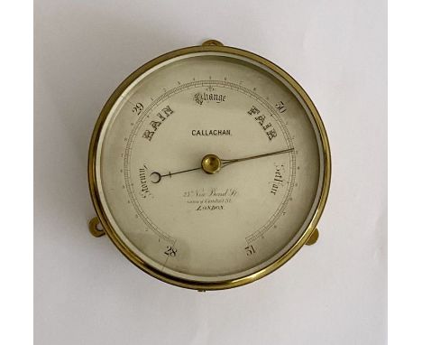 Victorian brass cased barometer produced by Callaghan of London, with silvered dial and three wall mounts for hanging, 12.2cm