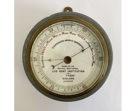 RNLI Fisherman's aneroid barometer by Dolland, the white dial numbered 2503, in metal casing, 16cm diam.&nbsp;Condition Repor