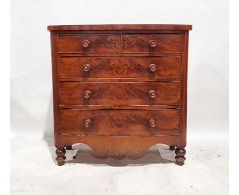 Victorian mahogany bowfront chest&nbsp;of two short over three long drawers, flame veneer to the drawer fronts, on turned sup