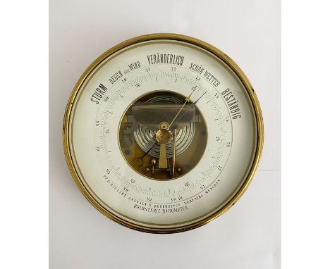 Early 20th century German brass cased holosteric barometer by G. Rodenstock (Munich & Wurzburg),  with inscribed white dial a