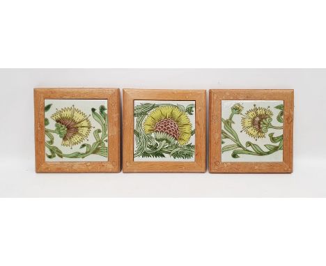 Three Kenneth Clark ceramic&nbsp;William De Morgan-style tiles&nbsp;produced by H&amp;R Johnson Tiles Ltd, each painted with 