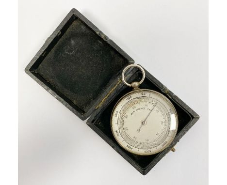 Early 20th century chrome cased pocket barometer, unmarked, in a square leather case, 5.2cm diam.  