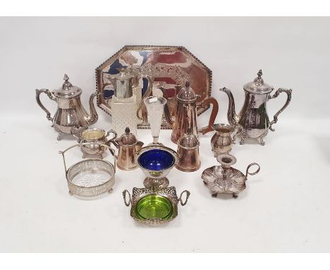 Silver-mounted, possibly horn, walking stick, EPNS octagonal waiter, EPNS coffee pot, another, a chamberstick and sundry plat