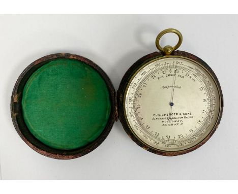 Early 20th century brass cased C G Spencer & Sons (London) compensated pocket barometer, with silvered dial and blued steel h