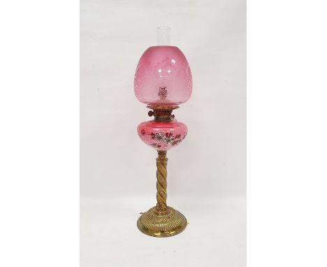 Brass oil lamp with pink glass bowl decorated with daisies, twisted column with chimney and cranberry glass engraved shade&nb