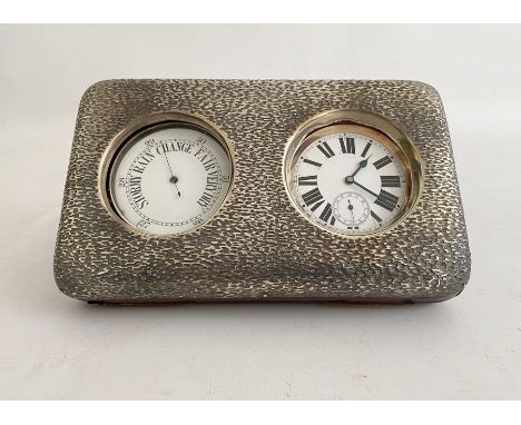 Edwardian silver-cased desk barometer and clock, with textured silver mount to front, hallmarked Birmingham, 1927, with red l