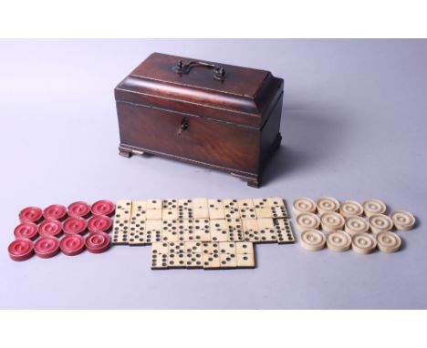 A Georgian mahogany and inlaid two-division tea caddy, on ogee bracket feet, 9 1/2" wide, a set of turned and stained ivory c