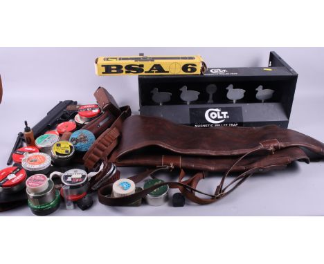 A German HW45 .22 calibre air pistol, a Colt magnetic pellet trap, three gun cases, a telescopic sight and a number of tins o