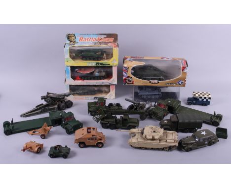 A quantity of die-cast model military vehicles, including boxed Battle Kings tanks, Corgi Major Mack trucks, a Corgi Quad gun