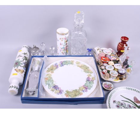 A Portmeirion plate and rolling pin, a decanter and other items including pill boxes and scent bottles