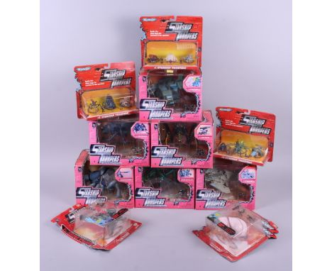 Six Galoob Mobile Infantry Starship Troopers Action Fleet figures, including Plasma Bug, Tanker Bug, Hopper Bug, Warrior Bug,