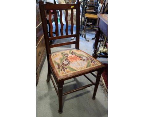 An Arts &amp; Crafts walnut side chair with weaved splat back and padded seat, a walnut 'X' frame nursing chair, two 19th cen