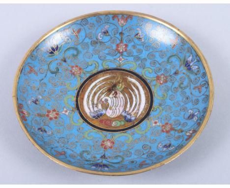 A 18th century Chinese cloisonne blue enamel dish with floral decorationCondition: 109 grams approx, 110mm dia, no visible da