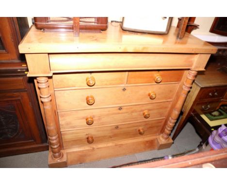 A 19th century pine "Scotch" chest of frieze drawer over two short and three long graduated drawers, on block base, 48" wide 