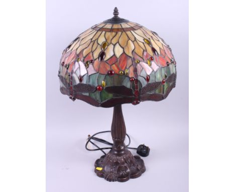 A Tiffany design lamp with shade, the shade decorated with dragonflies